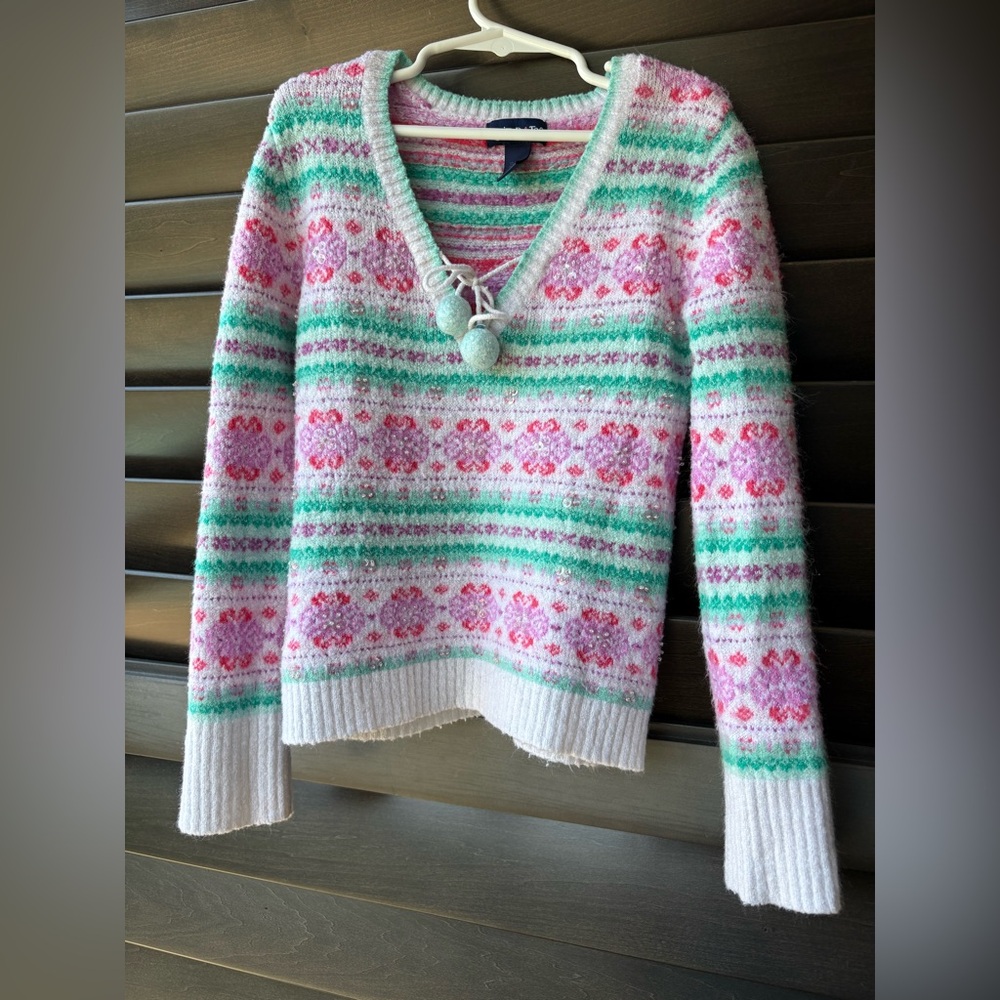 Limited Too Girls XS V Neck Sweater Beads Sparkles White Green Pink - Picture 1 of 7